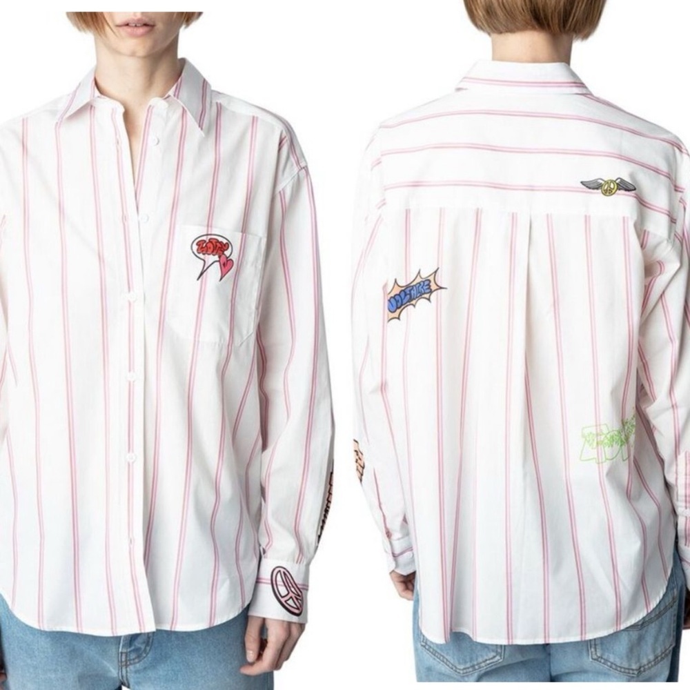Zadig and Voltaire Tais Pop Raye Brod Shirt in vieux rose medium - Picture 2 of 9